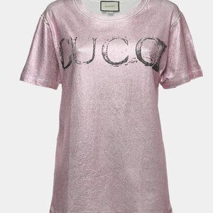 Gucci Pink/White Logo Print Cotton Half Sleeve T-Shirt